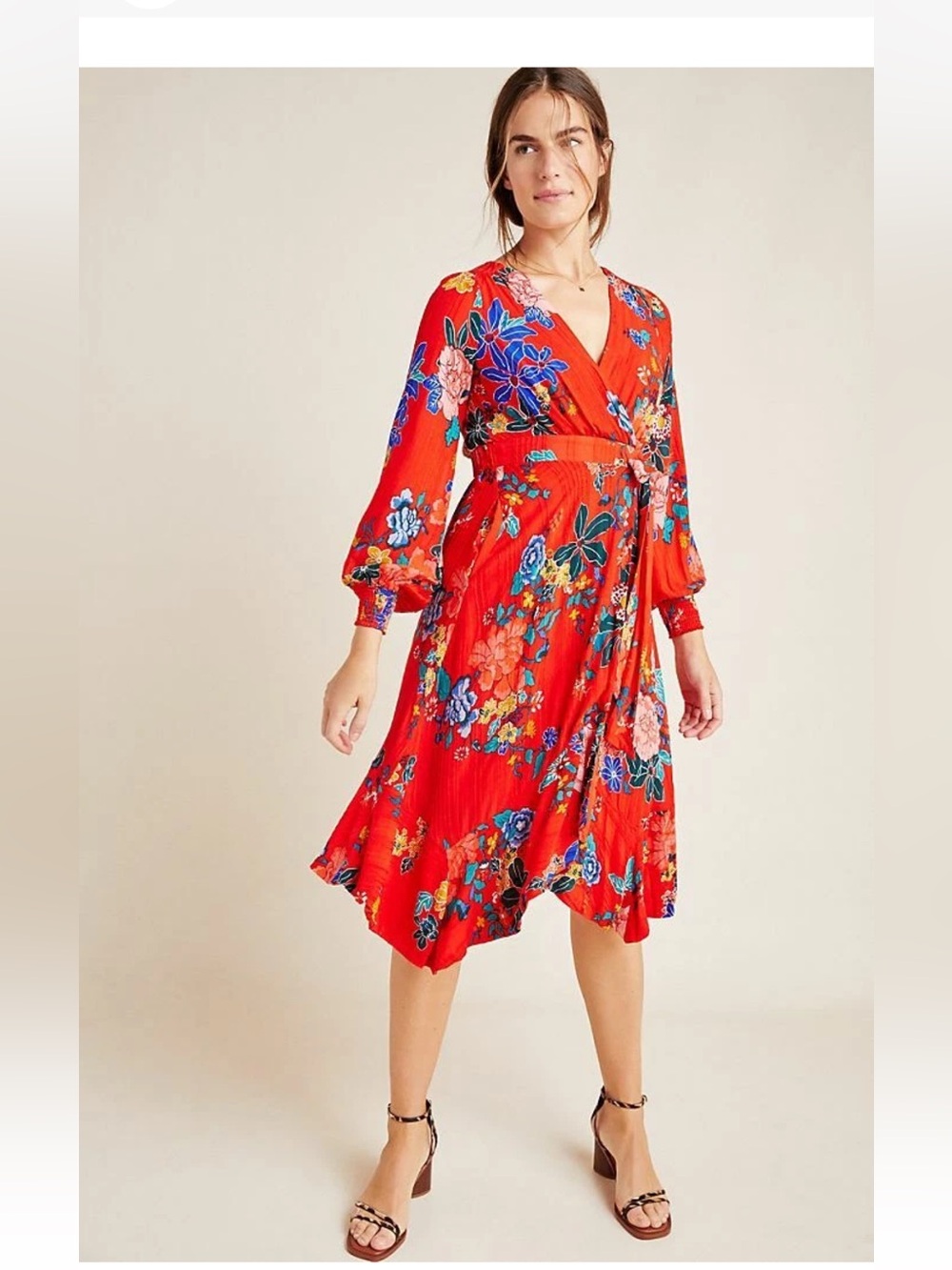 Anthropologie Red Floral Long Sleeve Dress